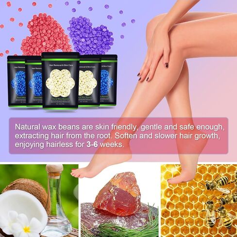 Wax Beads for Hair Removal 1.1 lb (17.6 oz), Hard Wax Beads for Sensitive Skin - Brazilian, Face, Bikini, Legs, Eyebrow, Painless Waxing Beads Kit for Women Men, 5 Packs with 10 Wax Sticks in Kuwait