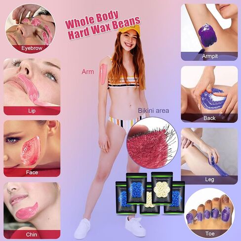 Wax Beads for Hair Removal 1.1 lb (17.6 oz), Hard Wax Beads for Sensitive Skin - Brazilian, Face, Bikini, Legs, Eyebrow, Painless Waxing Beads Kit for Women Men, 5 Packs with 10 Wax Sticks in Kuwait