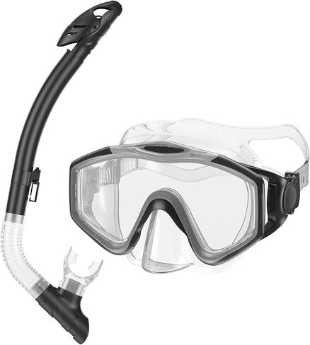 Dry Top Snorkel Set: Panoramic Wide View Tempered Glass Lens Scuba Diving Mask Adjustable Adults Snorkeling Swimming Gear in Saudi Arabia