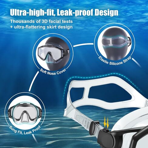 Dry Top Snorkel Set: Panoramic Wide View Tempered Glass Lens Scuba Diving Mask Adjustable Adults Snorkeling Swimming Gear in Saudi Arabia