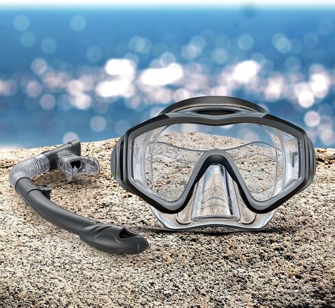 Dry Top Snorkel Set: Panoramic Wide View Tempered Glass Lens Scuba Diving Mask Adjustable Adults Snorkeling Swimming Gear in Saudi Arabia