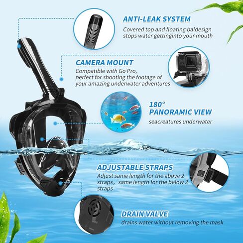 قناع الغطس لكامل الوجه، مع أحدث نظام علوي جاف، قناع الغطس ذو رؤية بانورامية 180 درجة مع حامل للكاميرا، آمن للتنفس ومضاد للتسرب ومضاد للضباب، مقاس كبير جدًا in Kuwait