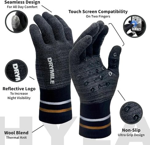 DRYMILE Waterproof Gloves - Warm Touchscreen Winter Snow Wool Blend Hand Gloves for Men & Women - Work, Hiking, Skiing, Running, Biking, Riding Glove, Ideal for Cold Weather in Saudi Arabia