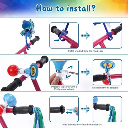 Kids Bike Horn Set, Children Bicycle Bell with 2 Pcs Bike Handle Streamers, and Windmill Kid Bike Accessories for Girls or Boys in Saudi Arabia