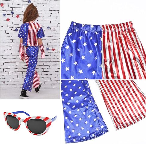 سراويل Perfashion للفتيات لامعة معدنية متوهجة سراويل رقص المهرجانات ديسكو مع نظارات شمسية سراويل واسعة الساق 6-15 سنة in Kuwait