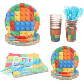 120 Pieces Building Block Disposable Party Tableware Set, Party Supplies Cutlery Plates Cups Napkins Forks Serveware for Birthday Parties, Wedding, Baby and Bridal Shower, 24 Guests