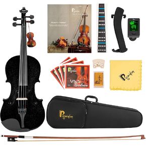 Poseidon 1/2 Violin for Kids Beginner Half Fiddle Kit, Violin Student Stringed Musical Instrument w/Case, Two Violin Strings Set, Two Bows, Two Bridges, Two Rosins, Tuner, Manual - Black Polished