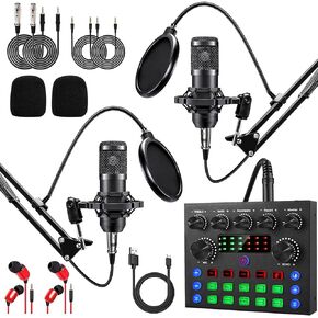 Podcast Equipment Bundle For 2, ALPOWL Audio Interface with Cardioid Designer BM800 Mic for Gamer and All-In-One DJ Mixer, perfect for Live Streaming, Singing, YouTube, Gaming