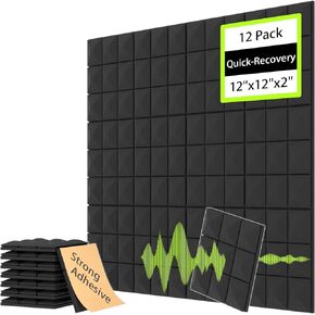 Acoustic Wall Panels with Quick-Recovery, Self-Adhesive Sound Proof Foam Panels for Walls, Acoustic Panels Sound Absorbing for Recording Studio, Home, Office (12pack, 12"x12"x2", Mushroom)