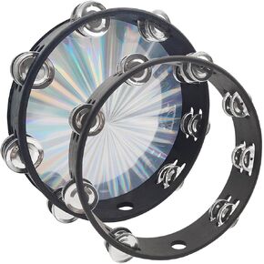 2 pcs 10 inch Radiant Tambourine, DaKuan Tambourines for Adults and Tambourine Ring, Metal Bell, Percussion Musical Instruments, Hand Drum, Music Education, Party (Wooden Double Row)