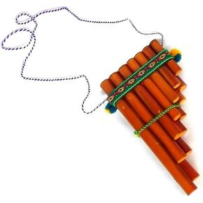 Natural Bamboo Wooden Pan Flute Pipe with Multicolored Tribal Print Woven Cotton Strap - Handmade Woodwind Gifts Peruvian Musical Instrument (Small)