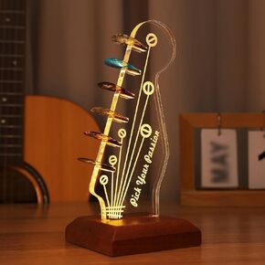 Light Up Guitar Pick Holder, Acrylic Electric Guitar Headstock Shaped Pick Holder with Wooden Base for Picks Storage and Display, Gift for Guitar Players Guitarists