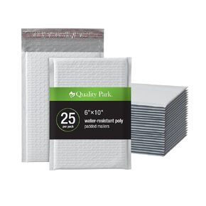 Quality Park Bubble Mailers, 6" x 9", White Poly Mailers, Padded Envelopes, Shipping Bags, Water Resistant, Self Seal, 25 Per Box (1002347)