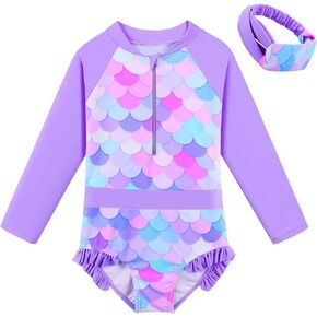 Girls One Piece Swimsuit Long Sleeve Beach Bathing Suit UPF 50+ Sun Protection Rashguard Swimwear with Hairband & Shorts