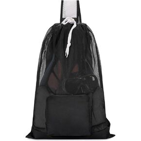 WANDF Swim Bag Foldable Mesh Drawstring Bag with Quick-dry Shoulder Strap Beach Backpack with Wet Pocket for Swimming, Gym, and Workout Gear (Black Patent Pending)