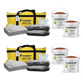 1 Flashdry Pro Portable Complete Spill Kit Includes Yellow Duffle, Bag Tag, 15 Absorbent Pads, 2 3" x4' Sorbent Socks, Disposal Bags, Nitrile Gloves, 2 5L Buckets of 100% Organic, Lightweight Coir