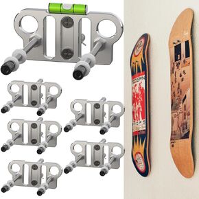Skateboard Wall Mount (6-Pack) - Strong Aluminum Skateboard Hanger with One Bubble Level and Dual Screw Holes, Skateboard Deck Storage for Home Decor, Supports Horizontal and Vertical Display
