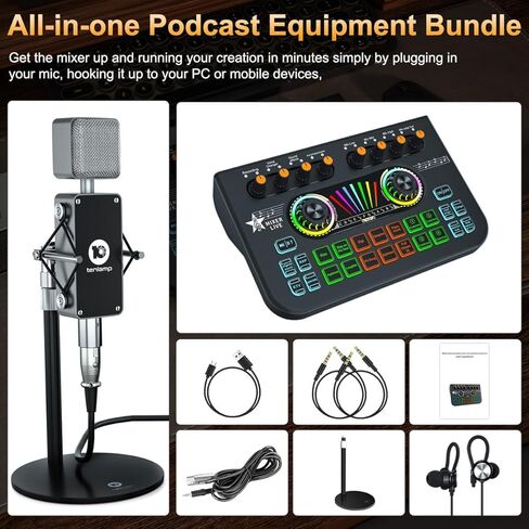 حزمة معدات البودكاست، واجهة مزج الصوت Tenlamp X3 مع لوحة تأثير الصوت، مجموعة إعداد البودكاست للمبتدئين في الاستوديو للهاتف والكمبيوتر الشخصي وتسجيل البث المباشر وألعاب الفيديو DJ in Kuwait