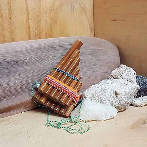Natural Bamboo Wooden Pan Flute Pipe with Multicolored Tribal Print Woven Cotton Strap - Handmade Woodwind Gifts Peruvian Musical Instrument (Small) in Saudi Arabia
