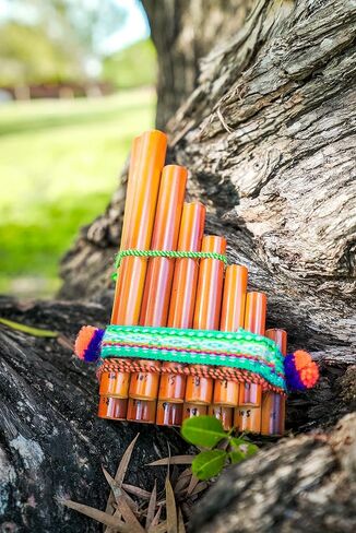 Natural Bamboo Wooden Pan Flute Pipe with Multicolored Tribal Print Woven Cotton Strap - Handmade Woodwind Gifts Peruvian Musical Instrument (Small) in Saudi Arabia