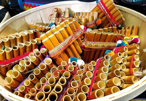Natural Bamboo Wooden Pan Flute Pipe with Multicolored Tribal Print Woven Cotton Strap - Handmade Woodwind Gifts Peruvian Musical Instrument (Small) in Saudi Arabia