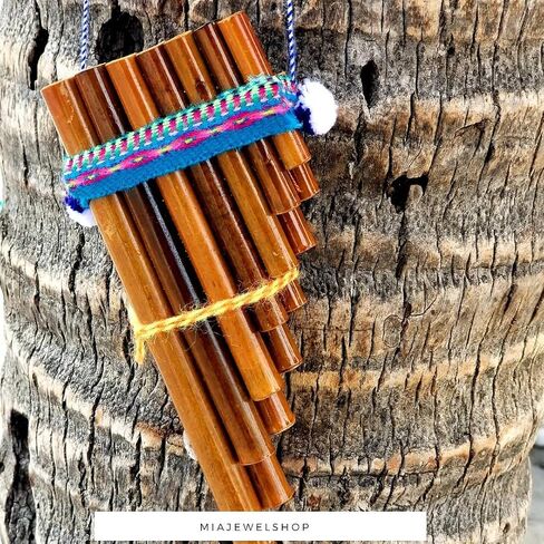 Natural Bamboo Wooden Pan Flute Pipe with Multicolored Tribal Print Woven Cotton Strap - Handmade Woodwind Gifts Peruvian Musical Instrument (Small) in Saudi Arabia
