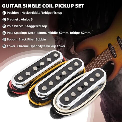 Alnico 5 Strat Pickup Single Coil Pickups Open Style Neck/Middle/Bridge Pickup Set for Stratocaster Electric Guitar Parts Replacement (Chrome Cover) in Saudi Arabia