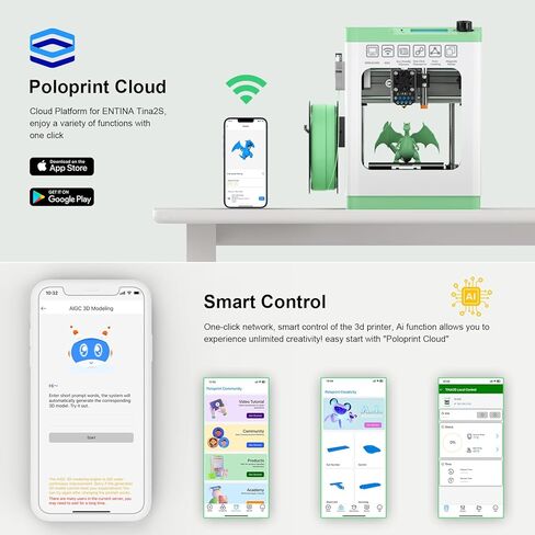 طابعة Tina2S ثلاثية الأبعاد مع طباعة سحابية عبر WiFi، طابعة ثلاثية الأبعاد مجمعة بالكامل وصغيرة للمبتدئين والأطفال مع تسوية تلقائية، طابعة عالية الدقة مع تحكم ذكي ولوحة بناء فولاذية زنبركية ساخنة in Kuwait
