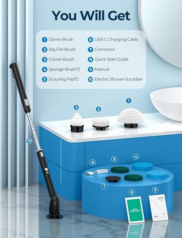 جهاز تنظيف دوار كهربائي، جهاز تنظيف دش IPX7 مع شاشة LED، فرشاة تنظيف دش كهربائية بمقبض طويل، جهاز تنظيف الحمام مع سرعتين للدوران، 7 رؤوس بديلة للاستحمام، حوض الاستحمام، المطبخ، البلاط in Saudi Arabia