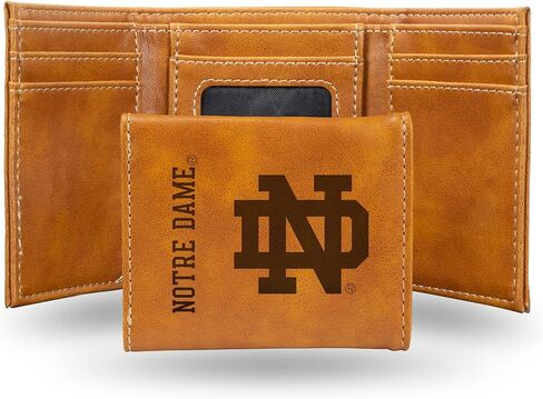 محفظة NCAA Notre Dame Fightin' Irish للرجال ثلاثية الطي باللون البني - شعار الفريق الفاخر 10 جيوب منقوش بالليزر على جلد نباتي - تصميم بسيط، نافذة لبطاقة الهوية، حامل بطاقة الائتمان - هدية مثالية للرجال in Kuwait