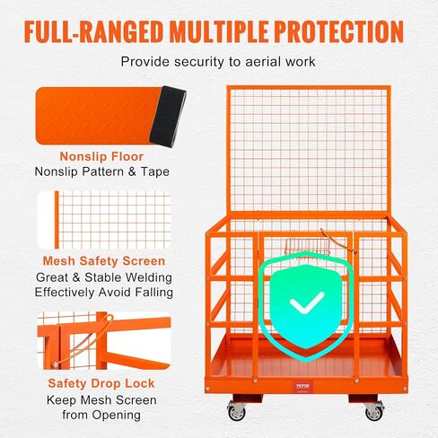 VEVOR Forklift Safety Cage, Forklift Man Basket 1400lbs Capacity, 43"x45" Forklift Work Platform with Safety Harness & Lock, Drain Hole & Wheels & Tool Basket, Perfect for Aerial Work in Saudi Arabia