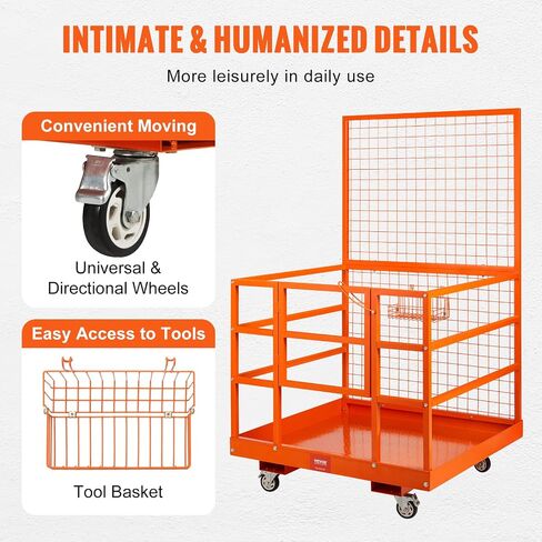 VEVOR Forklift Safety Cage, Forklift Man Basket 1400lbs Capacity, 43"x45" Forklift Work Platform with Safety Harness & Lock, Drain Hole & Wheels & Tool Basket, Perfect for Aerial Work in Saudi Arabia