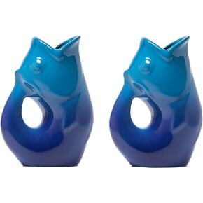 Gurgle Pot Fish Pitchers, Large 42 oz - 2 Pack, Ombre Cobalt or Gradient Blue. Great Party Pitcher. Alternatively use as Flower Vase (Gradient Blue)