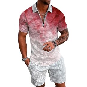 WDIRARA Men's 2 Piece Outfits Collared Zipper Short Sleeve Golf Shirt and Shorts Set Red XX-Large