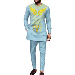 African Outfits for Men Dashiki African Long Sleeve Shirts and Pant Gold and Sliver Print Mens African Attire Sets