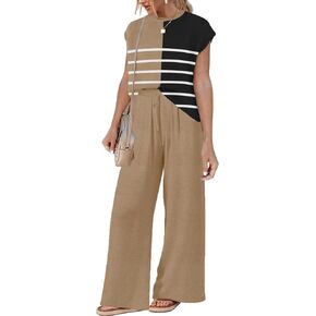 2 Piece Outfits for Women Casual Dressy Knit Lounge Sets Cap Sleeve Tops and Elastic Waisted Pants Tracksuit
