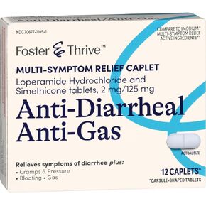 Foster & Thrive Anti-Diarrheal Anti-Gas Multi-Symptom Relief Caplets with Loperamide Hydrochloride and Simethicone, Treatment of Diarrhea, Gas, Bloating, Cramps & Pressure, 12 Caplets (Pack of 4)