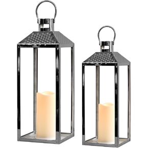 Lanterns Decorative Outdoor Set of 2 19’’&15.5’’ Modern Stainless Steel Lanterns with LED Candles Large Decorative Candle Lanterns for Living Room Indoor Outdoor Porch Patio Home Decor