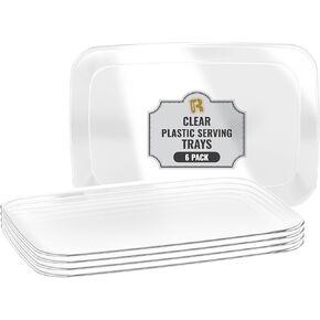 6 Pack Clear Plastic Serving Trays For Party - Plastic Tray 12.75 by 8.25 In - Heavy Duty Plastic Trays For Food - Rectangular Party Serving Trays And Platters - Party Trays - Clear Disposable Trays
