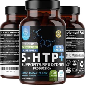 N1N Premium 5-HTP 200mg Plus Calcium, Made from Griffonia Seed Extract, Non GMO and Gluten Free, 120 Caps
