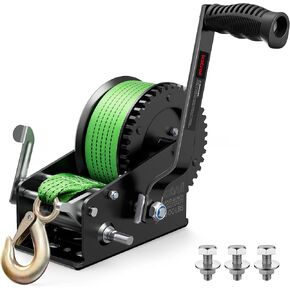 Kolvoii Boat Trailer Winch 3500lbs with 33FT(10M) Green Strap, Hand Winch Heavy Duty Hook and Comfortable Handle Two Way Ratchet 4:1/8:1 Gear Ratio for Boat Jet Ski Trailer Marine