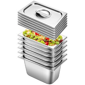 Hotel Pan With Lids 6 Pack 1/2 Size 4" Deep Stainless Steel Steam Table Pan, Commercial Food Pans for Catering Buffet Chafing Dish Pans Metal Steam Tray (1/2 Half Size x 4 Inch Deep, 6 Pack)