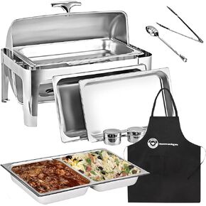 8 QT Deluxe Rectangular Roll-Top Chafing Dish Bundle - Includes Water Pan, 1 Full Size & Sectional Food Pans, 1 Tung & Serving Spoon, Fuel Holders - Buffet Food Warmer for Catering and Events