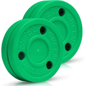 Green Biscuit Hockey Pucks 2 Pack Snipe 2.0 الإصدار، معدات تدريب الهوكي NHL الرسمية لممارسات الرماية خارج الجليد، قرص هوكي الشوارع للتعامل مع العصا والتدريب