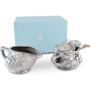 Arthur Court Designs Aluminum Grape Pattern Sugar and Creamer Set Sugar bowl for Coffee and Tea 5.75 in W x 2.75 in H Creamer: 5.75" W x 3