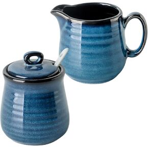Glowworm Porcelain Sugar and Creamer Set, 11 Ounce Sugar Bowl,10 Ounce Cream Pitcher, Sugar Set with Lid & Spoon, Coffee Serving Set, Dishwasher Safe, Blue