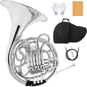 Double French horn F/Bb 4 keys, French horn lacquered gold, comes with case, mouthpiece, gloves, cleaning cloth, brush