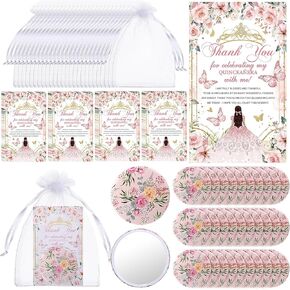 30 Sets Quinceanera Party Favors for Guests Floral Design Compact Pocket Mirrors Thank You Cards Organza Bags Wedding Decoration Sweet 15 Birthday Party Gift for Women Girls Bridal Souvenir