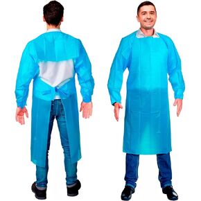 AMZ Disposable Isolation Gown, X-Large. 10 Pack Blue 2 Mil Polyethylene Disposable Gowns Medical. Waterproof Isolation Gowns Disposable. Disposable Medical Gowns with Elastic Wrists, Double Back Ties