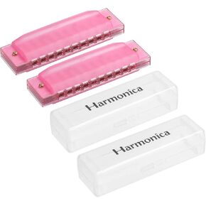 PATIKIL Clearly Colorful Translucent Harmonica 10 Holes Pink ABS Harp Mouth with PVC Box for Educational Musical Instruments Beginners Adults Pack of 2
